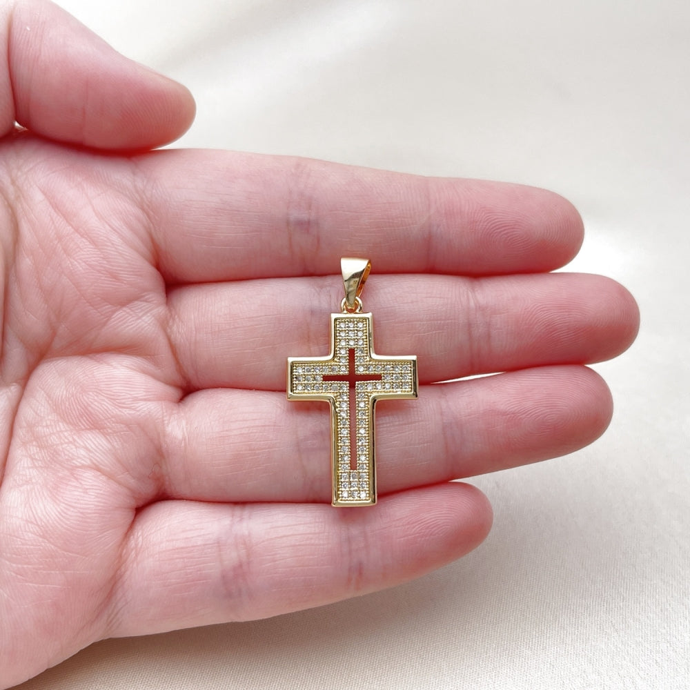 Oro Laminado Religious Pendant, Gold Filled Style Cross Design, with White Micro Pave, Polished, Golden Finish