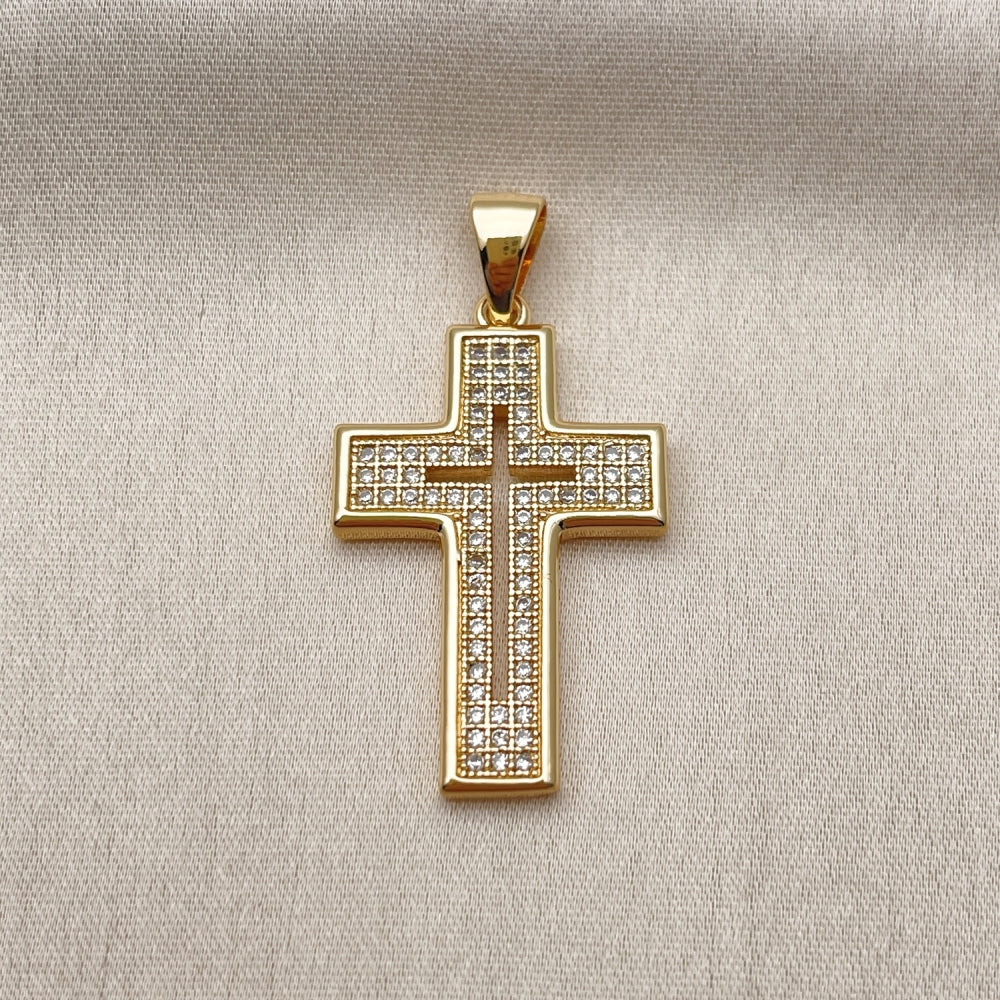 Oro Laminado Religious Pendant, Gold Filled Style Cross Design, with White Micro Pave, Polished, Golden Finish