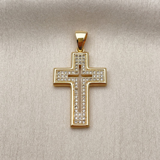 Oro Laminado Religious Pendant, Gold Filled Style Cross Design, with White Micro Pave, Polished, Golden Finish