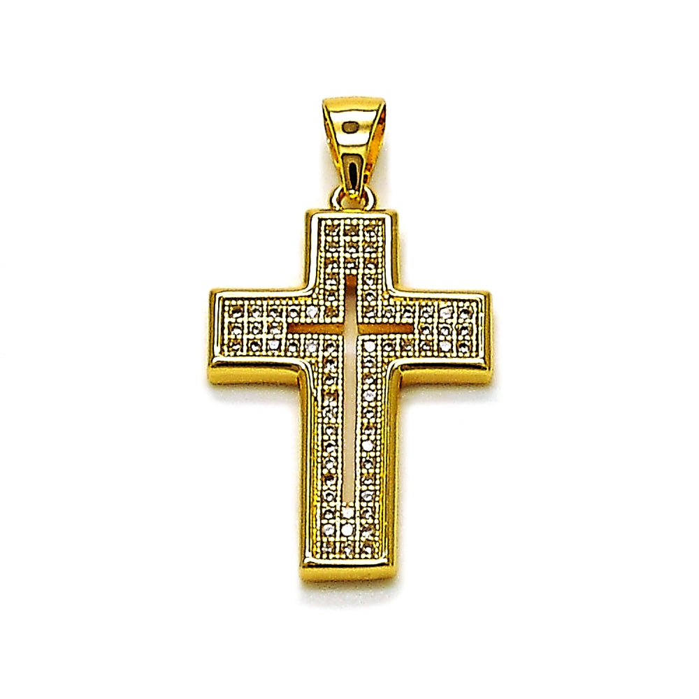 Oro Laminado Religious Pendant, Gold Filled Style Cross Design, with White Micro Pave, Polished, Golden Finish