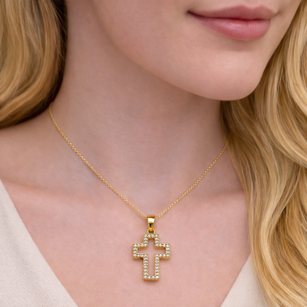 Oro Laminado Religious Pendant, Gold Filled Style Cross Design, with White Cubic Zirconia, Polished, Golden Finish