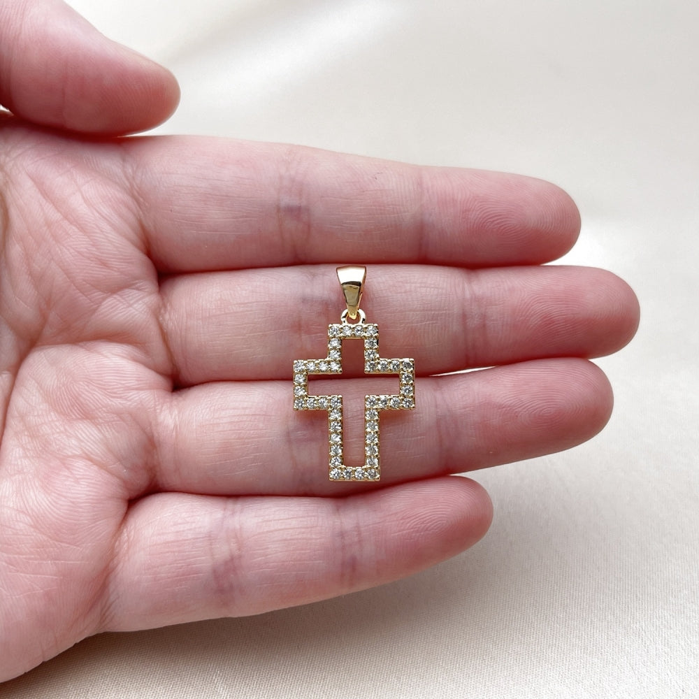 Oro Laminado Religious Pendant, Gold Filled Style Cross Design, with White Cubic Zirconia, Polished, Golden Finish