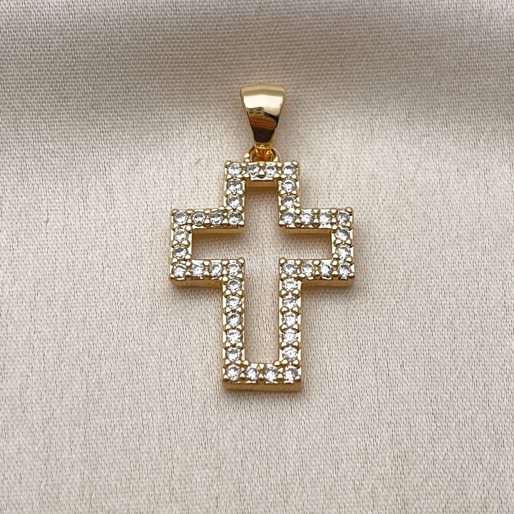 Oro Laminado Religious Pendant, Gold Filled Style Cross Design, with White Cubic Zirconia, Polished, Golden Finish