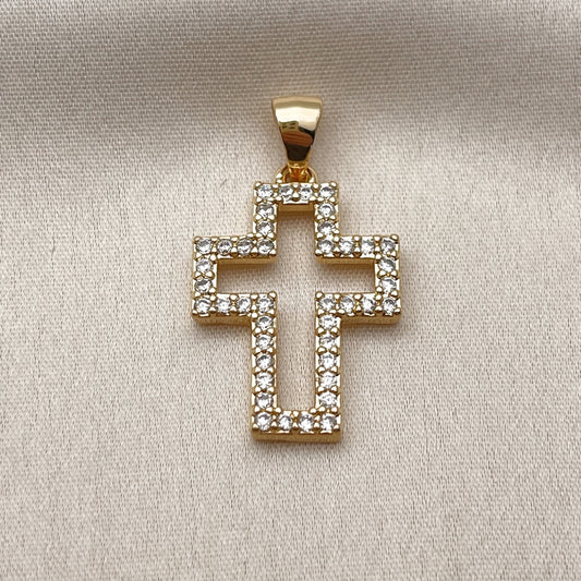 Oro Laminado Religious Pendant, Gold Filled Style Cross Design, with White Cubic Zirconia, Polished, Golden Finish