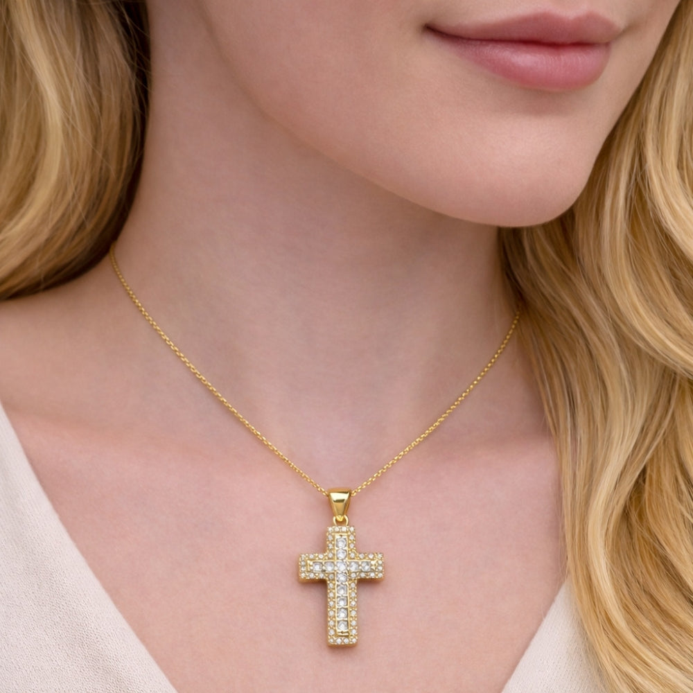 Oro Laminado Religious Pendant, Gold Filled Style Cross Design, with White Cubic Zirconia and White Micro Pave, Polished, Golden Finish