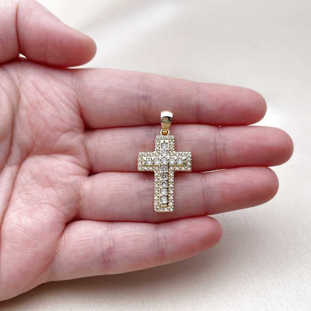 Oro Laminado Religious Pendant, Gold Filled Style Cross Design, with White Cubic Zirconia and White Micro Pave, Polished, Golden Finish