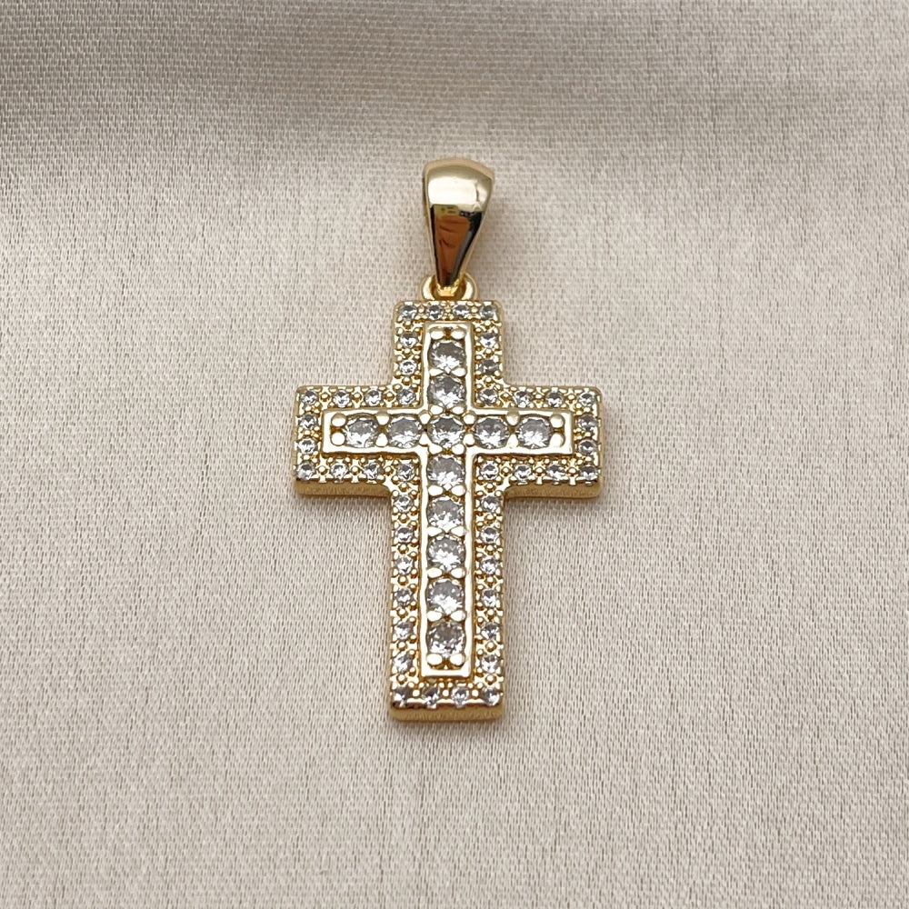 Oro Laminado Religious Pendant, Gold Filled Style Cross Design, with White Cubic Zirconia and White Micro Pave, Polished, Golden Finish
