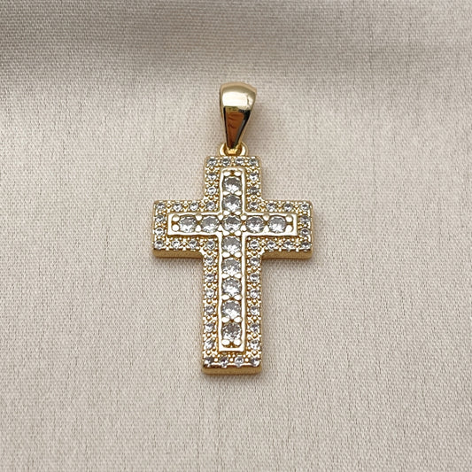 Oro Laminado Religious Pendant, Gold Filled Style Cross Design, with White Cubic Zirconia and White Micro Pave, Polished, Golden Finish