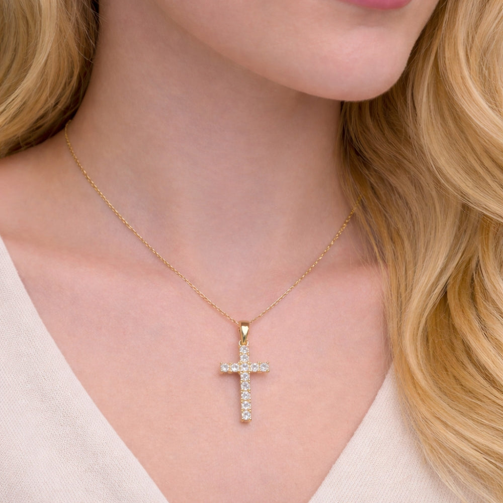 Oro Laminado Religious Pendant, Gold Filled Style Cross Design, with White Cubic Zirconia, Polished, Golden Finish