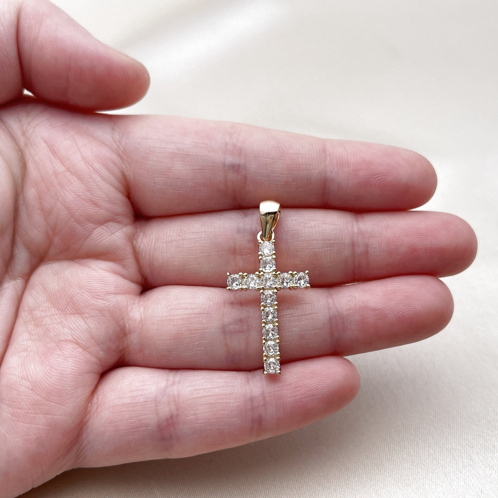 Oro Laminado Religious Pendant, Gold Filled Style Cross Design, with White Cubic Zirconia, Polished, Golden Finish