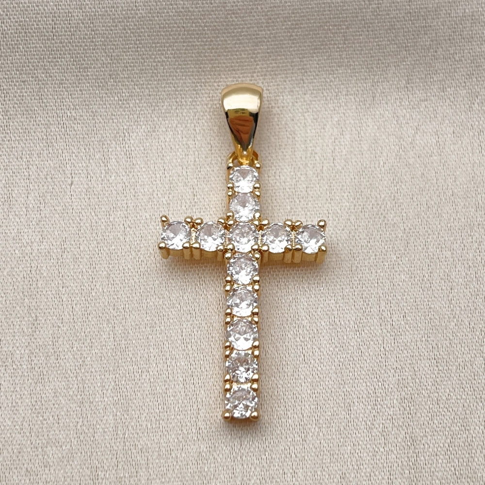 Oro Laminado Religious Pendant, Gold Filled Style Cross Design, with White Cubic Zirconia, Polished, Golden Finish