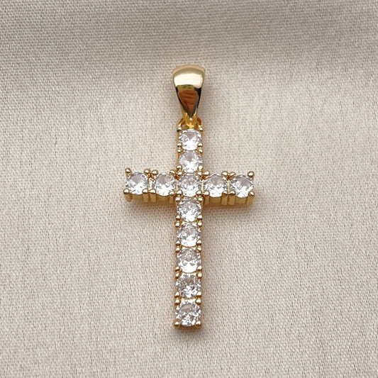 Oro Laminado Religious Pendant, Gold Filled Style Cross Design, with White Cubic Zirconia, Polished, Golden Finish