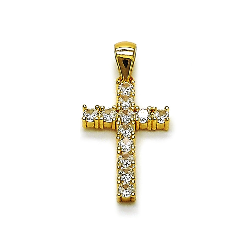 Oro Laminado Religious Pendant, Gold Filled Style Cross Design, with White Cubic Zirconia, Polished, Golden Finish