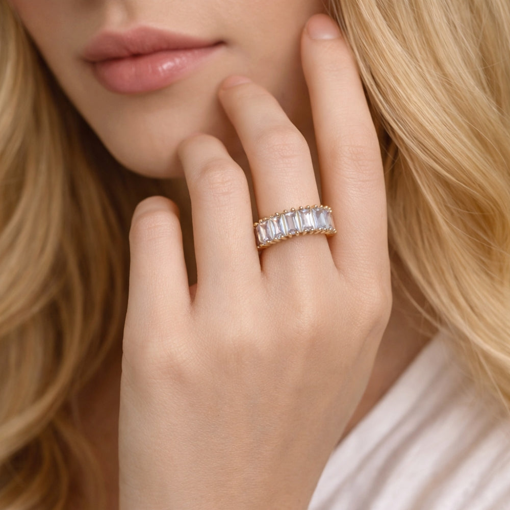 Oro Laminado Multi Stone Ring, Gold Filled Style Baguette Design, with White Cubic Zirconia, Polished, Golden Finish