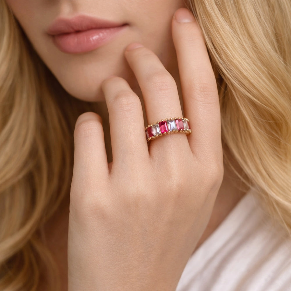 Oro Laminado Multi Stone Ring, Gold Filled Style Baguette Design, with Ruby and White Cubic Zirconia, Polished, Golden Finish