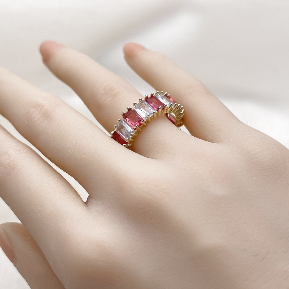 Oro Laminado Multi Stone Ring, Gold Filled Style Baguette Design, with Ruby and White Cubic Zirconia, Polished, Golden Finish