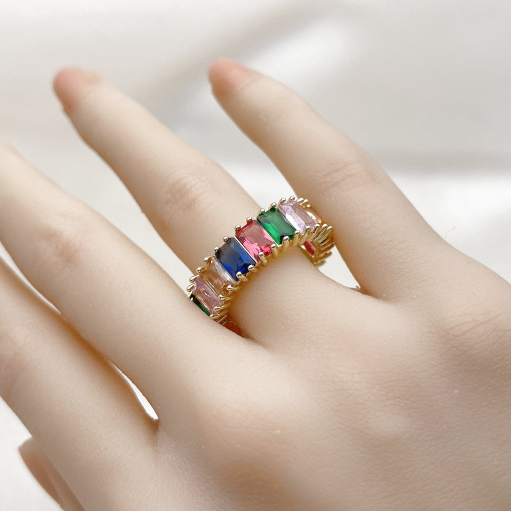 Oro Laminado Multi Stone Ring, Gold Filled Style Baguette Design, with Multicolor Cubic Zirconia, Polished, Golden Finish