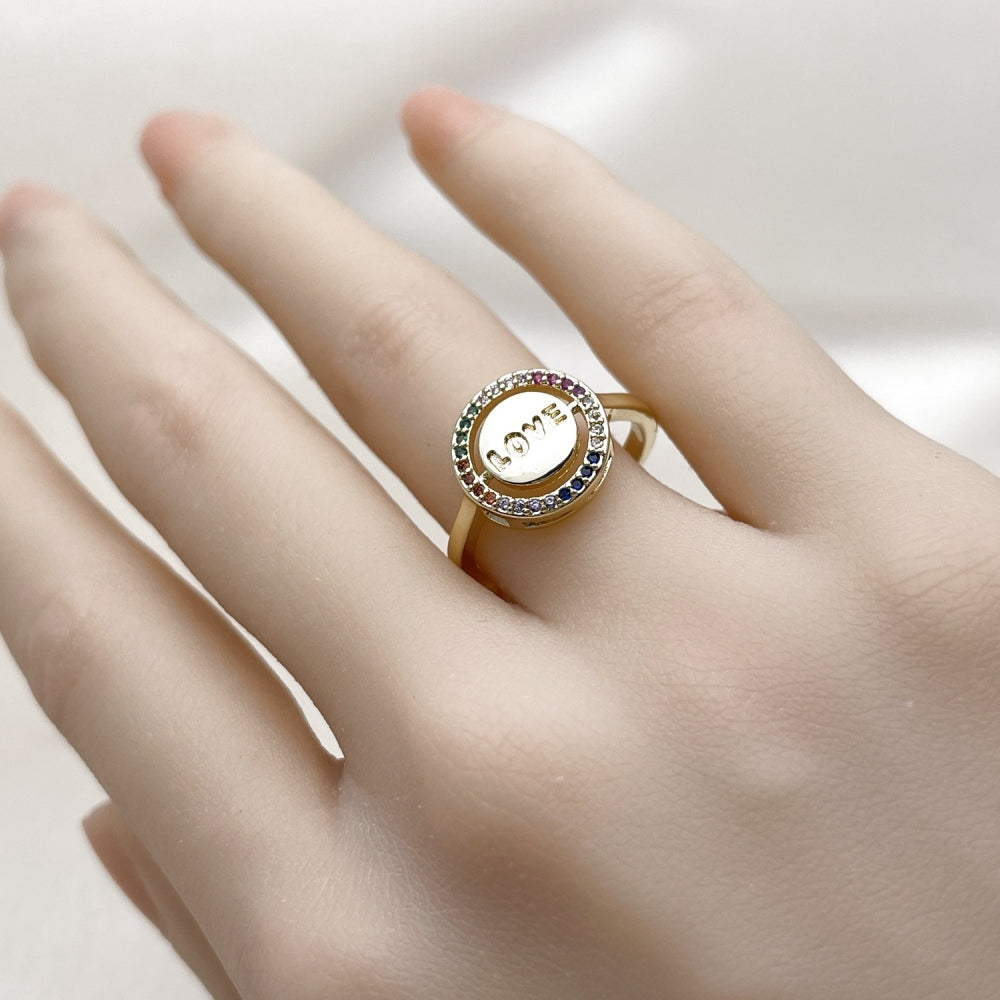 Oro Laminado Multi Stone Ring, Gold Filled Style Love Design, with Multicolor Micro Pave, Polished, Golden Finish