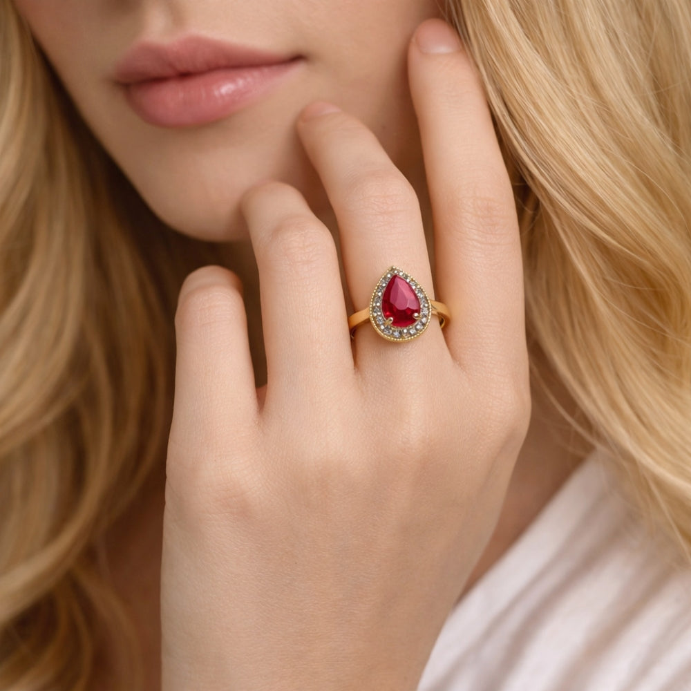 Oro Laminado Multi Stone Ring, Gold Filled Style Teardrop Design, with Ruby and White Cubic Zirconia, Polished, Golden Finish