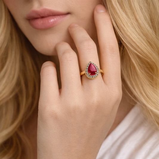 Oro Laminado Multi Stone Ring, Gold Filled Style Teardrop Design, with Ruby and White Cubic Zirconia, Polished, Golden Finish