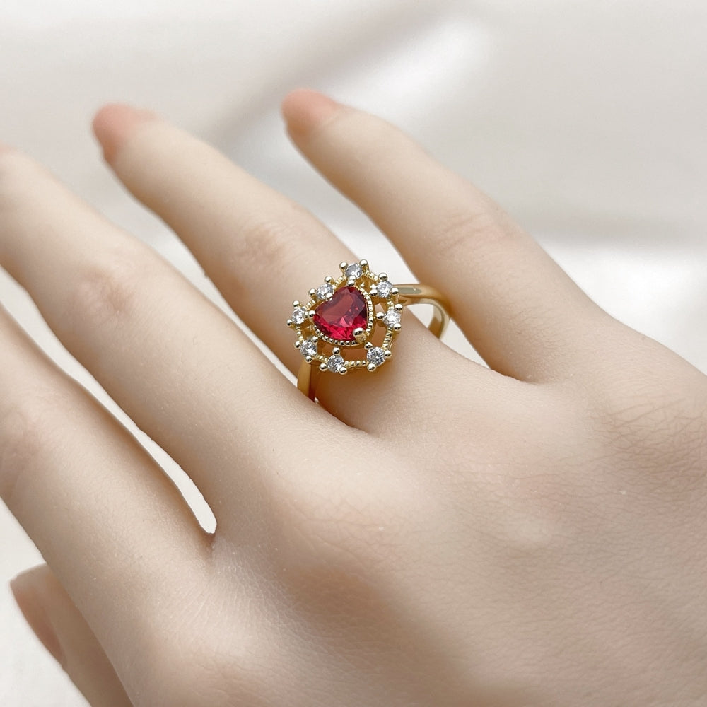 Oro Laminado Multi Stone Ring, Gold Filled Style Heart Design, with Ruby and White Cubic Zirconia, Polished, Golden Finish