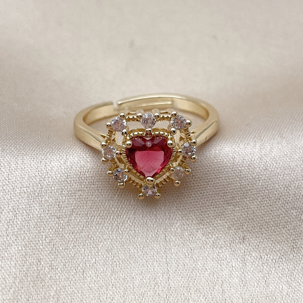 Oro Laminado Multi Stone Ring, Gold Filled Style Heart Design, with Ruby and White Cubic Zirconia, Polished, Golden Finish