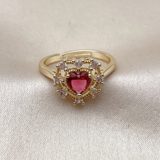 Oro Laminado Multi Stone Ring, Gold Filled Style Heart Design, with Ruby and White Cubic Zirconia, Polished, Golden Finish