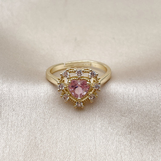Oro Laminado Multi Stone Ring, Gold Filled Style Heart Design, with Pink and White Cubic Zirconia, Polished, Golden Finish