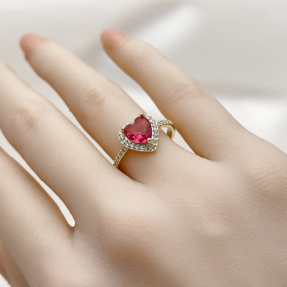 Oro Laminado Multi Stone Ring, Gold Filled Style Heart and Cluster Design, with Ruby Cubic Zirconia and White Micro Pave, Polished, Golden Finish