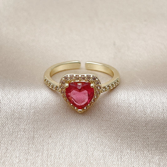 Oro Laminado Multi Stone Ring, Gold Filled Style Heart and Cluster Design, with Ruby Cubic Zirconia and White Micro Pave, Polished, Golden Finish