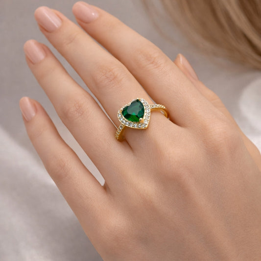Oro Laminado Multi Stone Ring, Gold Filled Style Heart and Cluster Design, with Green Cubic Zirconia and White Micro Pave, Polished, Golden Finish