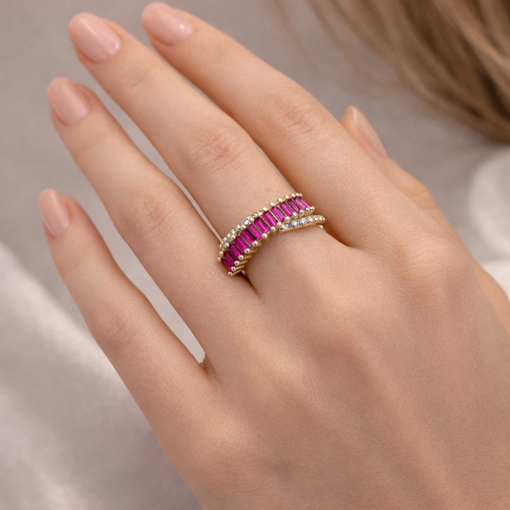 Oro Laminado Multi Stone Ring, Gold Filled Style Baguette Design, with Ruby Cubic Zirconia, Polished, Golden Finish