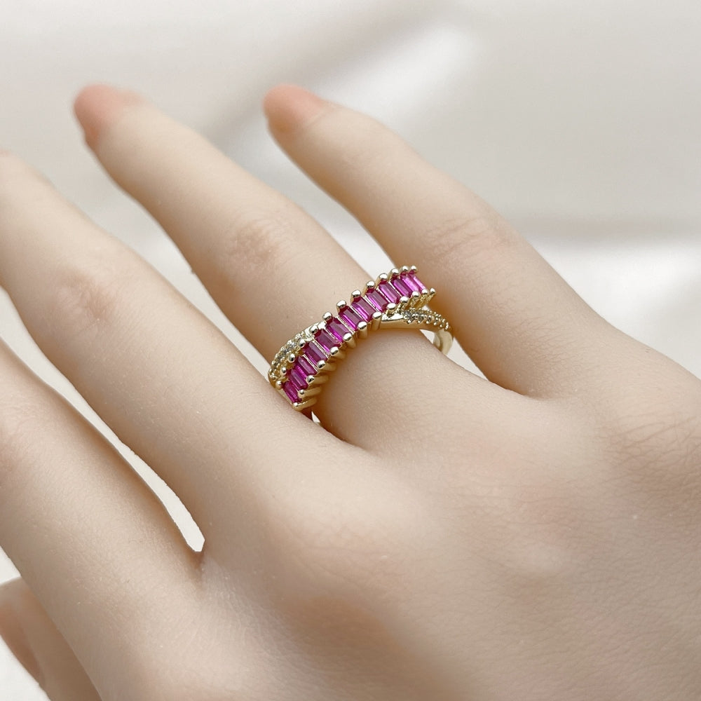 Oro Laminado Multi Stone Ring, Gold Filled Style Baguette Design, with Ruby Cubic Zirconia, Polished, Golden Finish