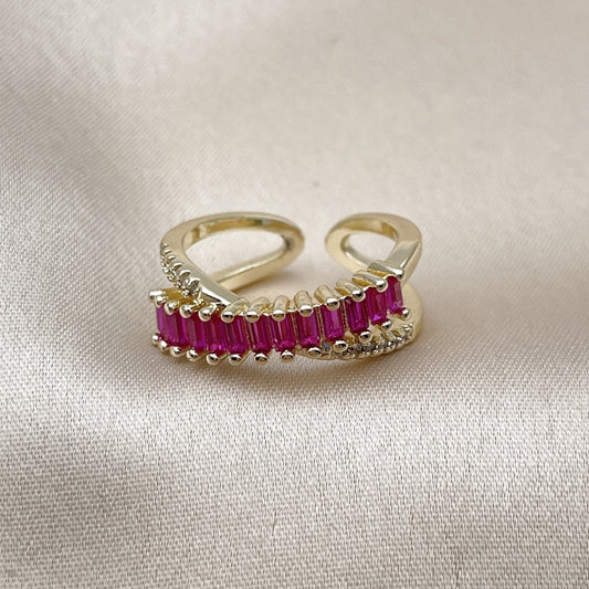 Oro Laminado Multi Stone Ring, Gold Filled Style Baguette Design, with Ruby Cubic Zirconia, Polished, Golden Finish