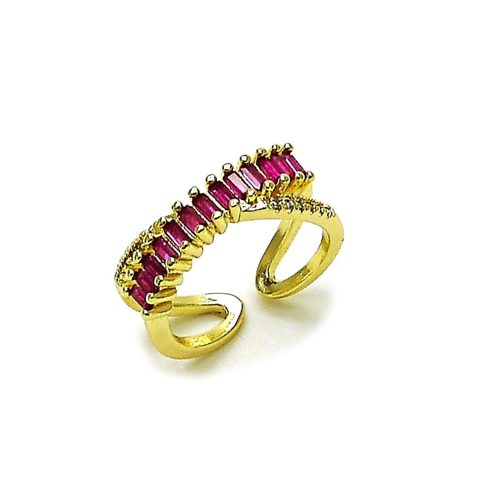 Oro Laminado Multi Stone Ring, Gold Filled Style Baguette Design, with Ruby Cubic Zirconia, Polished, Golden Finish