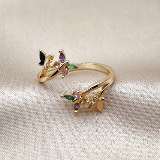 Oro Laminado Multi Stone Ring, Gold Filled Style Butterfly Design, with Multicolor Cubic Zirconia, Polished, Golden Finish