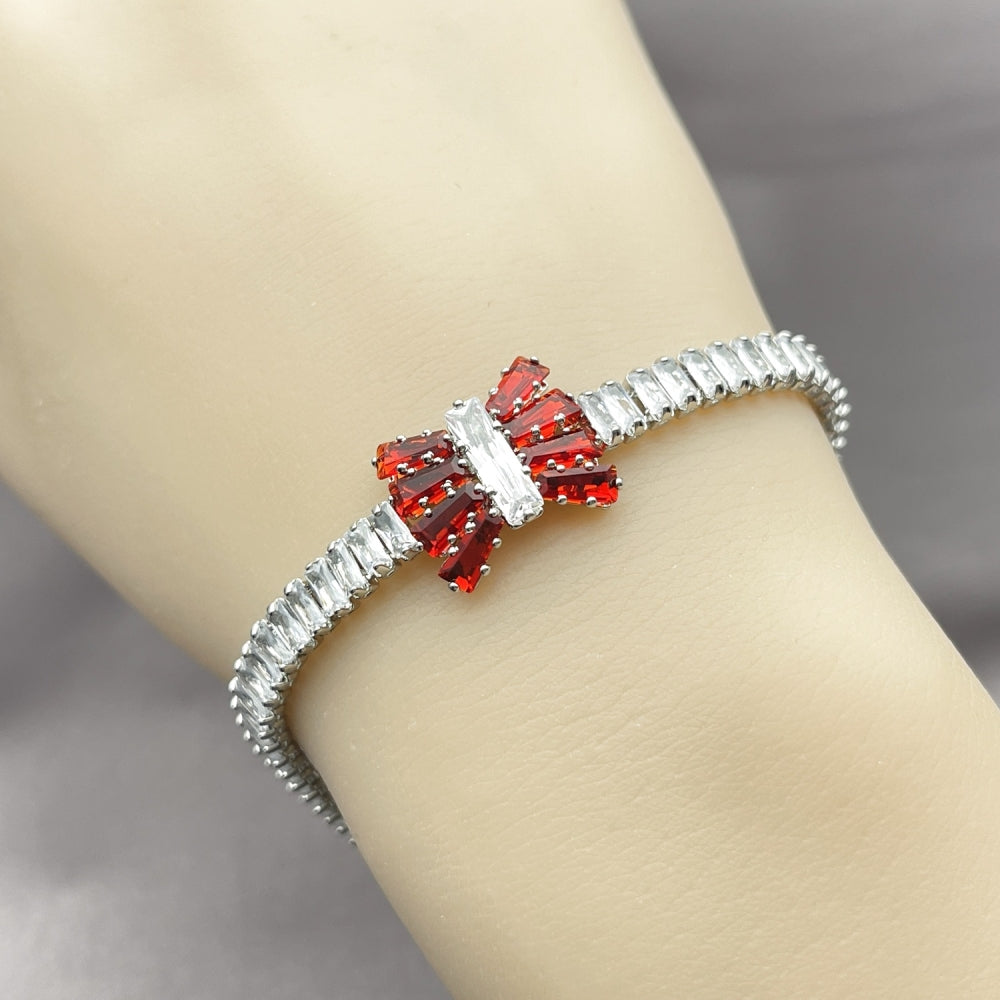 Rhodium Gold Filled Fancy Bracelet, Bow and Baguette Design, with Garnet and White Cubic Zirconia, Polished, Rhodium Finish