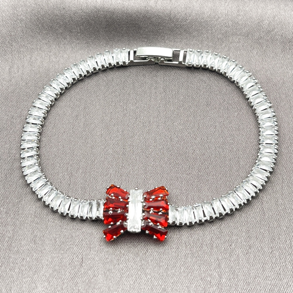 Rhodium Gold Filled Fancy Bracelet, Bow and Baguette Design, with Garnet and White Cubic Zirconia, Polished, Rhodium Finish