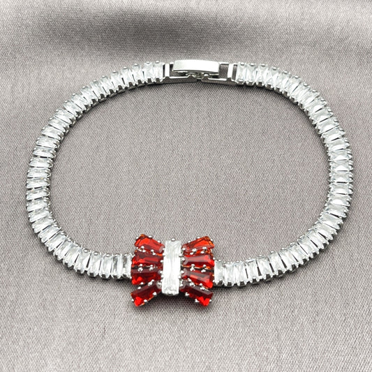 Rhodium Gold Filled Fancy Bracelet, Bow and Baguette Design, with Garnet and White Cubic Zirconia, Polished, Rhodium Finish
