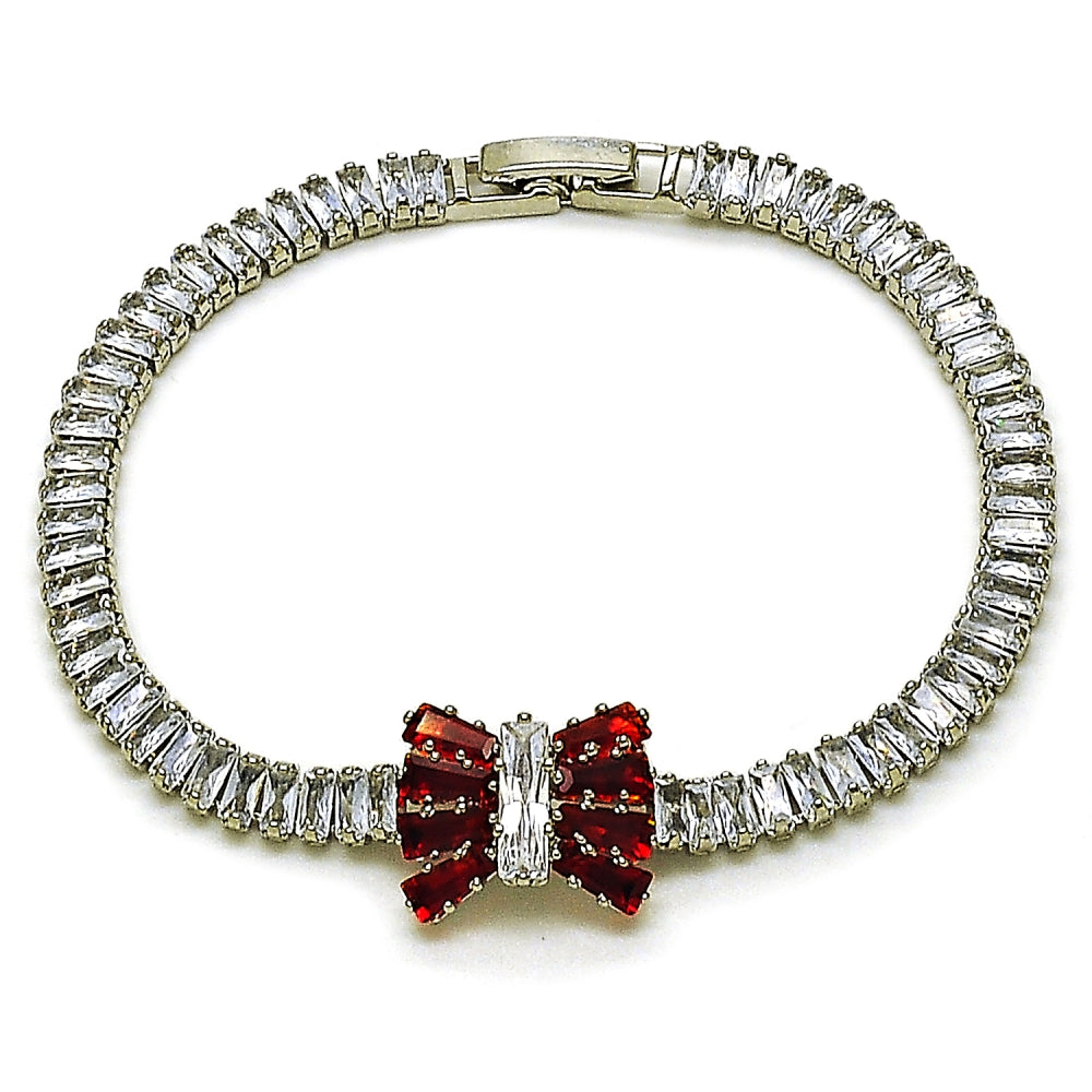 Rhodium Gold Filled Fancy Bracelet, Bow and Baguette Design, with Garnet and White Cubic Zirconia, Polished, Rhodium Finish