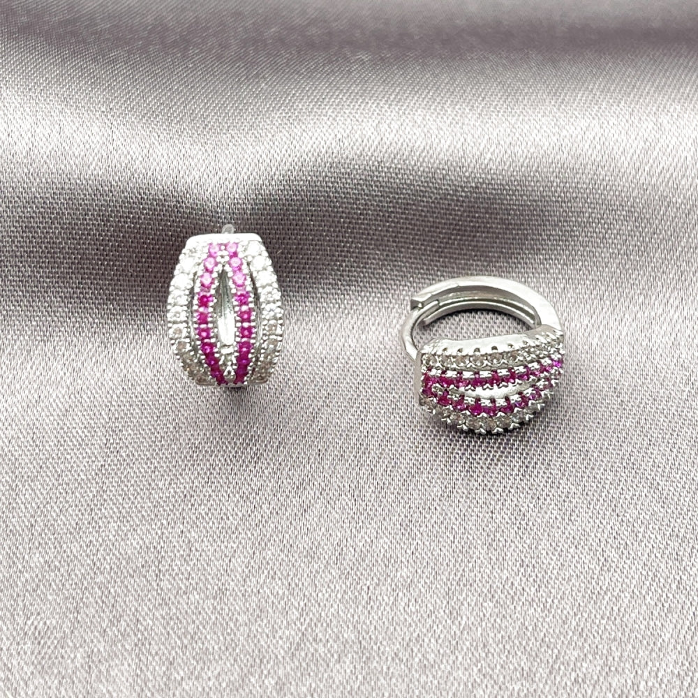 Rhodium Gold Filled Huggie Hoop, with Ruby and White Micro Pave, Polished, Rhodium Finish