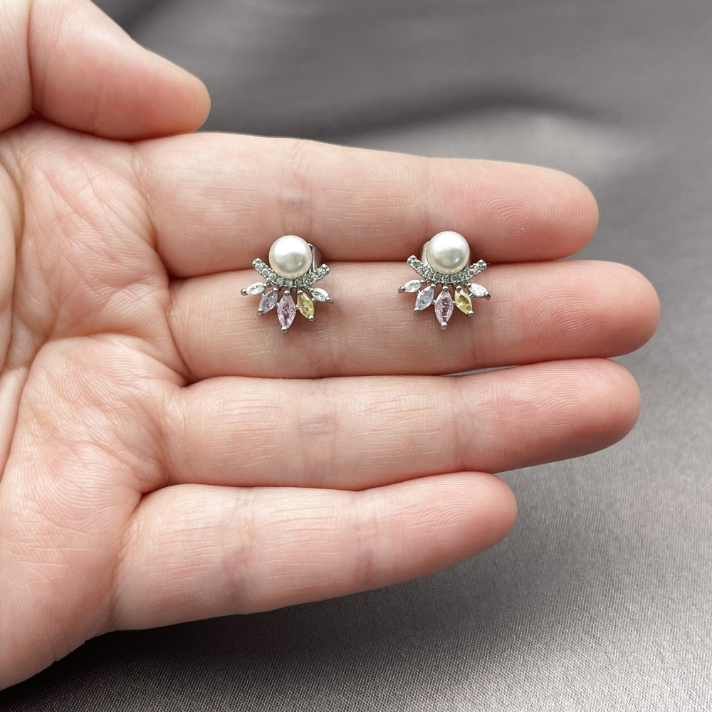 Rhodium Gold Filled Stud Earring, Flower Design, with Multicolor and White Cubic Zirconia, Polished, Rhodium Finish