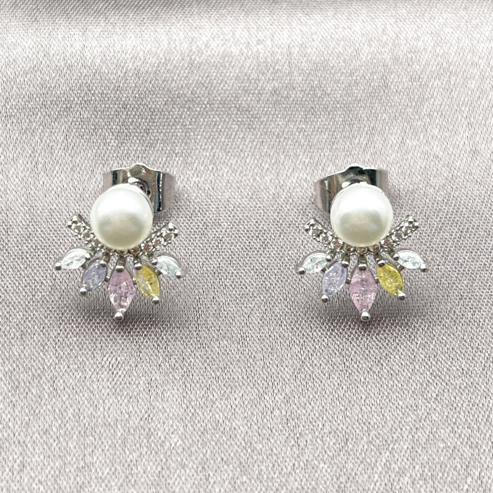 Rhodium Gold Filled Stud Earring, Flower Design, with Multicolor and White Cubic Zirconia, Polished, Rhodium Finish