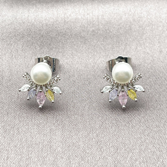 Rhodium Gold Filled Stud Earring, Flower Design, with Multicolor and White Cubic Zirconia, Polished, Rhodium Finish