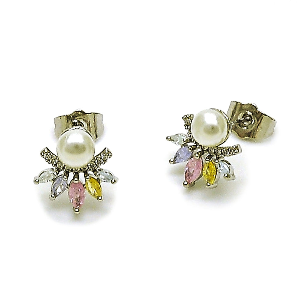 Rhodium Gold Filled Stud Earring, Flower Design, with Multicolor and White Cubic Zirconia, Polished, Rhodium Finish