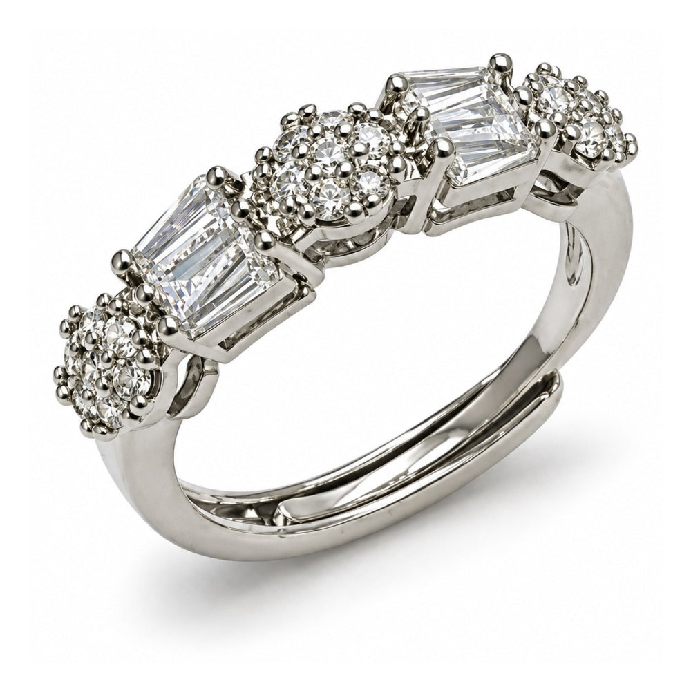 White Gold Filled Multi Stone Ring, Baguette Design, with White Cubic Zirconia and White Micro Pave, Polished, Rhodium Finish