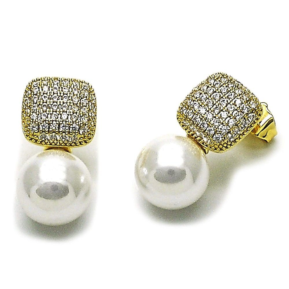 Oro Laminado Stud Earring, Gold Filled Style Ball Design, with Ivory Pearl and White Micro Pave, Polished, Golden Finish