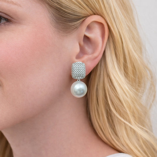 Rhodium Gold Filled Stud Earring, Ball Design, with Ivory Pearl and White Cubic Zirconia, Polished, Rhodium Finish