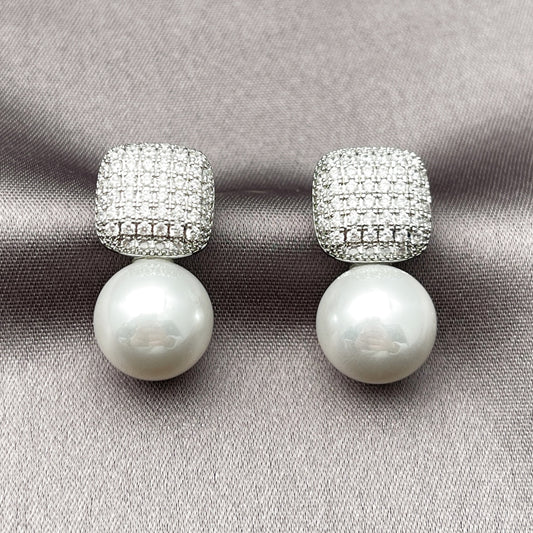 Rhodium Gold Filled Stud Earring, Ball Design, with Ivory Pearl and White Cubic Zirconia, Polished, Rhodium Finish
