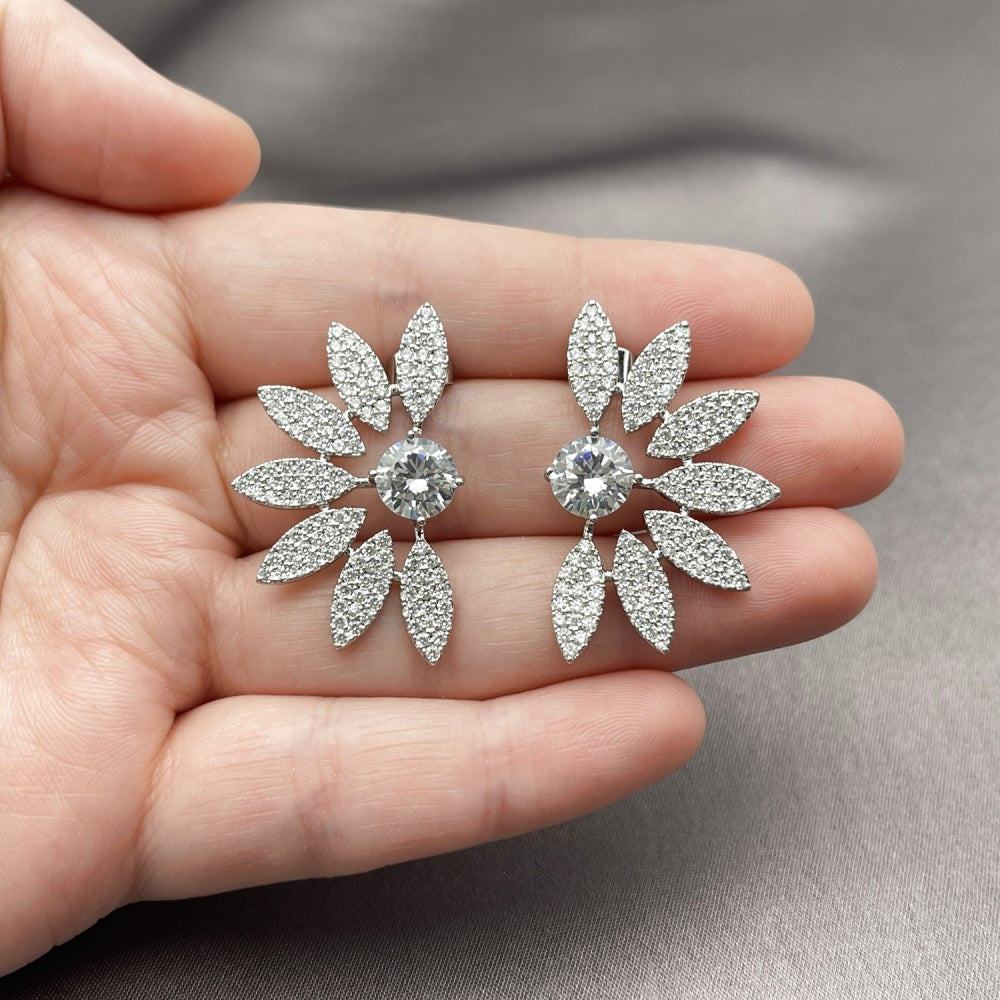 Rhodium Gold Filled Stud Earring, Flower Design, with White Cubic Zirconia and White Micro Pave, Polished, Rhodium Finish